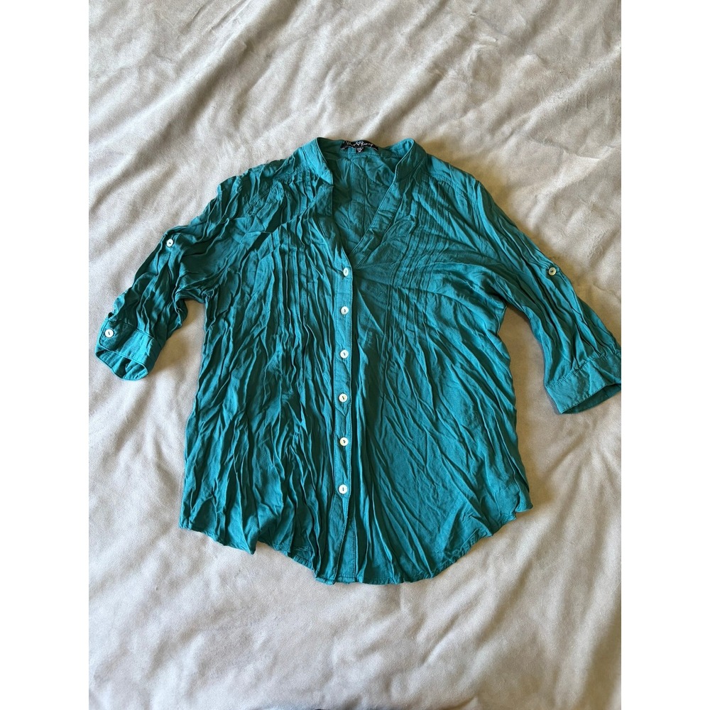 Velvet Heart Teal Green Button Down Roll Tab Sleeve Shirt Womens Medium Pleated